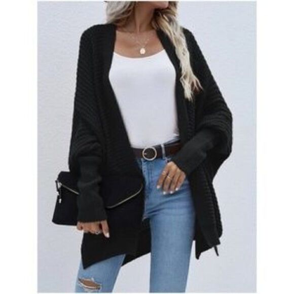 New Black Cozy Batwing Sleeve Knit Open Front Cardigan - Picture 1 of 16